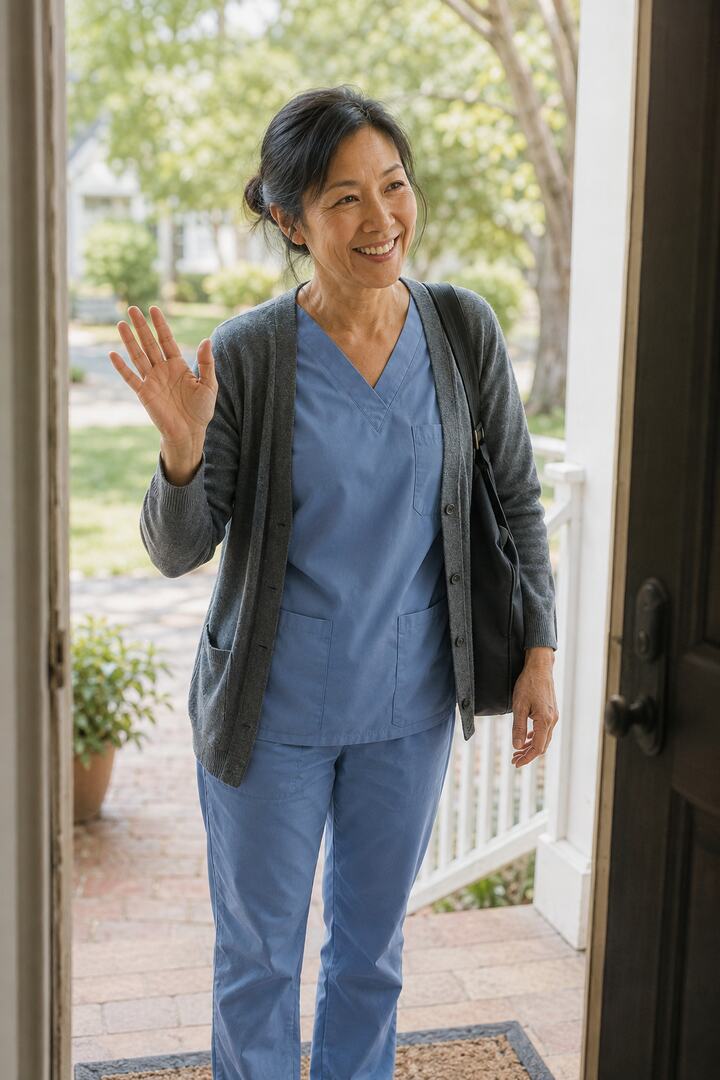 Home health nurse greeting a patient at the front door