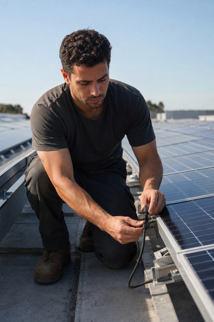 Solar technician connecting a cable beneath a rooftop panel