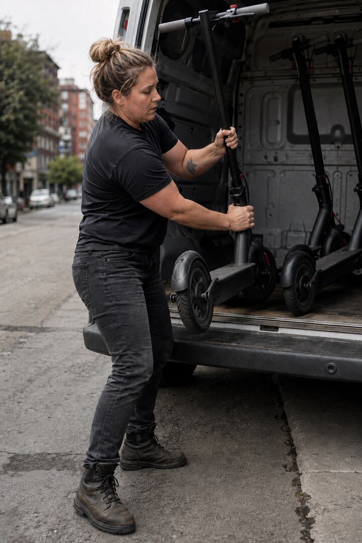 Fleet operative lifting an e-scooter into a van on a rebalancing run